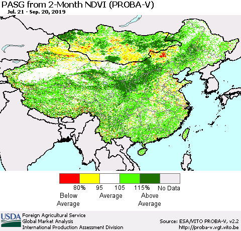 China and Taiwan PASG from 2-Month NDVI (PROBA-V) Thematic Map For 9/11/2019 - 9/20/2019