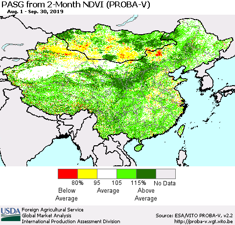 China and Taiwan PASG from 2-Month NDVI (PROBA-V) Thematic Map For 9/21/2019 - 9/30/2019