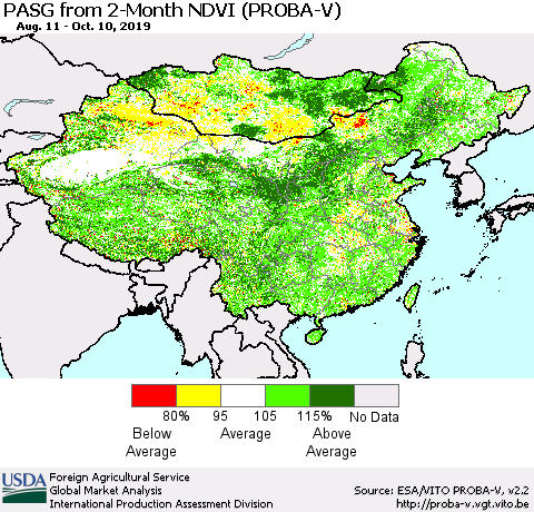China, Mongolia and Taiwan PASG from 2-Month NDVI (PROBA-V) Thematic Map For 10/1/2019 - 10/10/2019