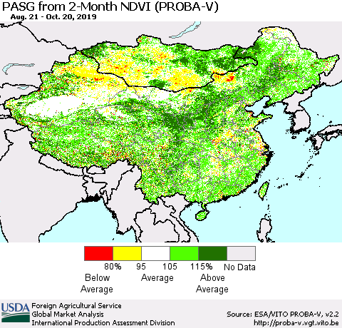 China, Mongolia and Taiwan PASG from 2-Month NDVI (PROBA-V) Thematic Map For 10/11/2019 - 10/20/2019