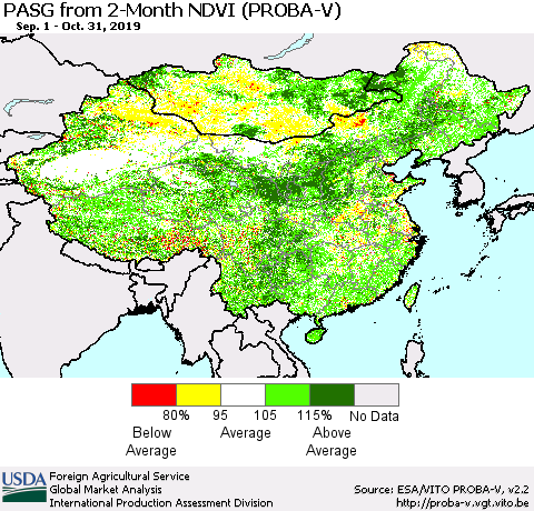 China and Taiwan PASG from 2-Month NDVI (PROBA-V) Thematic Map For 10/21/2019 - 10/31/2019