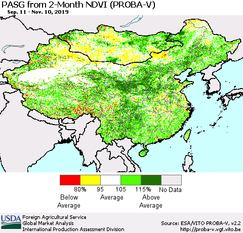 China, Mongolia and Taiwan PASG from 2-Month NDVI (PROBA-V) Thematic Map For 11/1/2019 - 11/10/2019