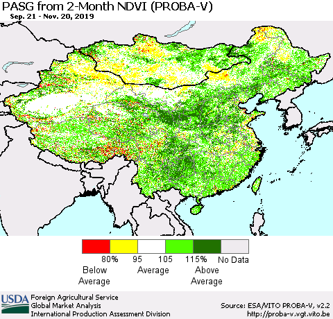 China, Mongolia and Taiwan PASG from 2-Month NDVI (PROBA-V) Thematic Map For 11/11/2019 - 11/20/2019