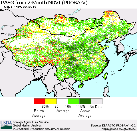 China, Mongolia and Taiwan PASG from 2-Month NDVI (PROBA-V) Thematic Map For 11/21/2019 - 11/30/2019