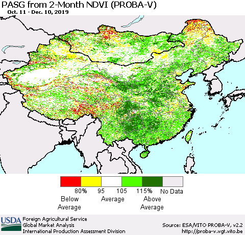 China, Mongolia and Taiwan PASG from 2-Month NDVI (PROBA-V) Thematic Map For 12/1/2019 - 12/10/2019