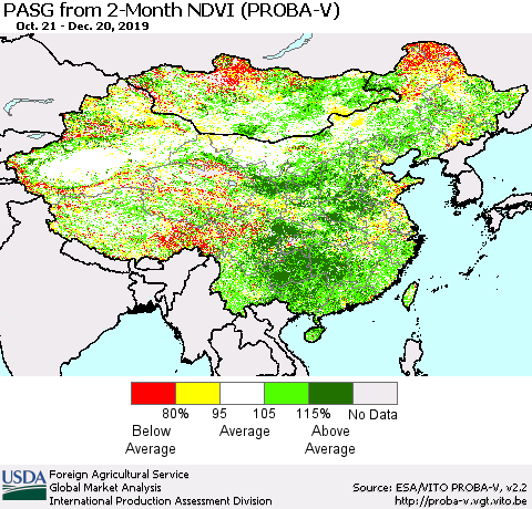 China, Mongolia and Taiwan PASG from 2-Month NDVI (PROBA-V) Thematic Map For 12/11/2019 - 12/20/2019