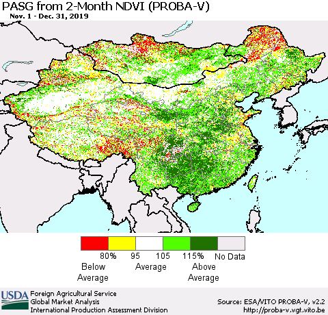 China, Mongolia and Taiwan PASG from 2-Month NDVI (PROBA-V) Thematic Map For 12/21/2019 - 12/31/2019