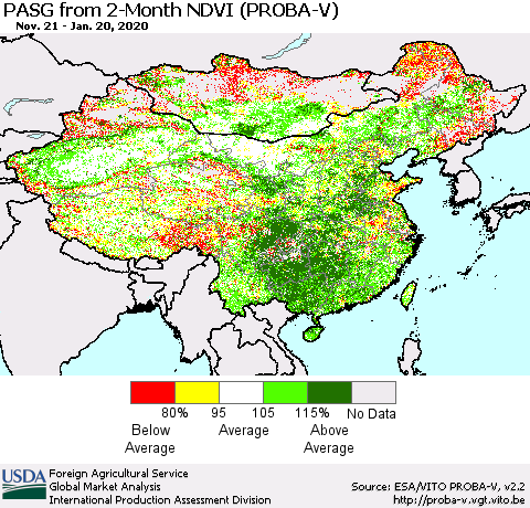 China, Mongolia and Taiwan PASG from 2-Month NDVI (PROBA-V) Thematic Map For 1/11/2020 - 1/20/2020