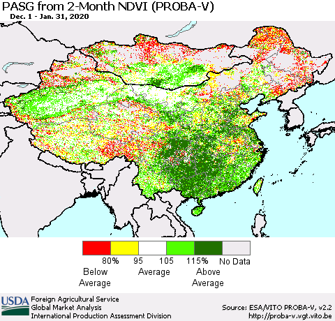 China, Mongolia and Taiwan PASG from 2-Month NDVI (PROBA-V) Thematic Map For 1/21/2020 - 1/31/2020