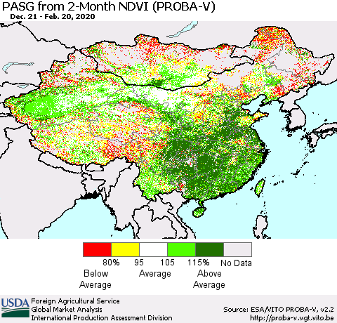 China, Mongolia and Taiwan PASG from 2-Month NDVI (PROBA-V) Thematic Map For 2/11/2020 - 2/20/2020