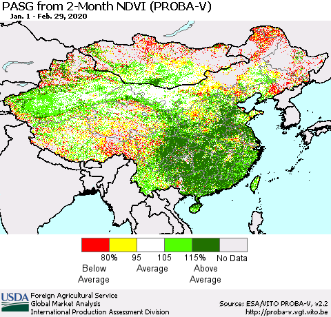 China, Mongolia and Taiwan PASG from 2-Month NDVI (PROBA-V) Thematic Map For 2/21/2020 - 2/29/2020