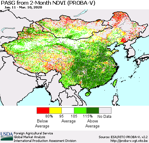 China, Mongolia and Taiwan PASG from 2-Month NDVI (PROBA-V) Thematic Map For 3/1/2020 - 3/10/2020