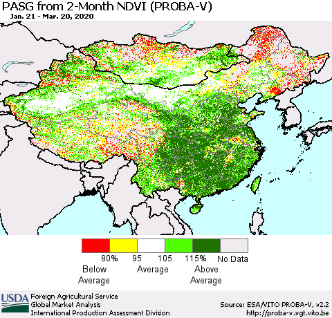 China, Mongolia and Taiwan PASG from 2-Month NDVI (PROBA-V) Thematic Map For 3/11/2020 - 3/20/2020