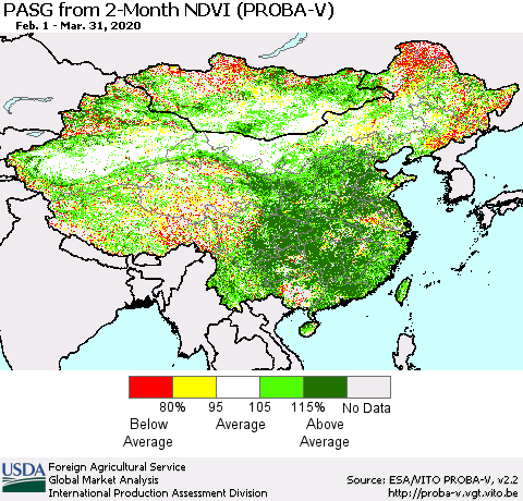 China, Mongolia and Taiwan PASG from 2-Month NDVI (PROBA-V) Thematic Map For 3/21/2020 - 3/31/2020