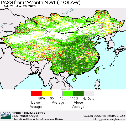 China, Mongolia and Taiwan PASG from 2-Month NDVI (PROBA-V) Thematic Map For 4/11/2020 - 4/20/2020