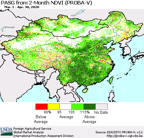 China, Mongolia and Taiwan PASG from 2-Month NDVI (PROBA-V) Thematic Map For 4/21/2020 - 4/30/2020