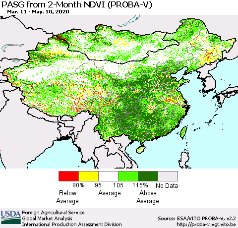 China, Mongolia and Taiwan PASG from 2-Month NDVI (PROBA-V) Thematic Map For 5/1/2020 - 5/10/2020