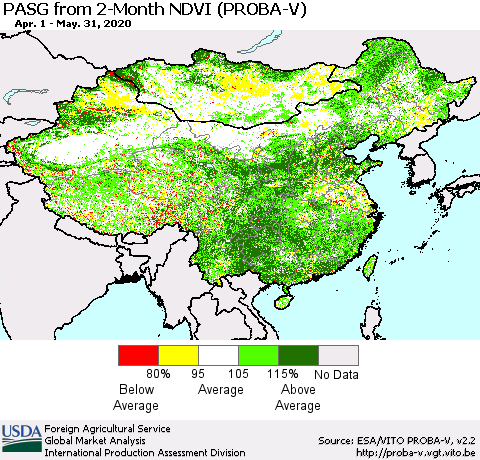 China, Mongolia and Taiwan PASG from 2-Month NDVI (PROBA-V) Thematic Map For 5/21/2020 - 5/31/2020