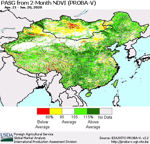 China, Mongolia and Taiwan PASG from 2-Month NDVI (PROBA-V) Thematic Map For 6/11/2020 - 6/20/2020