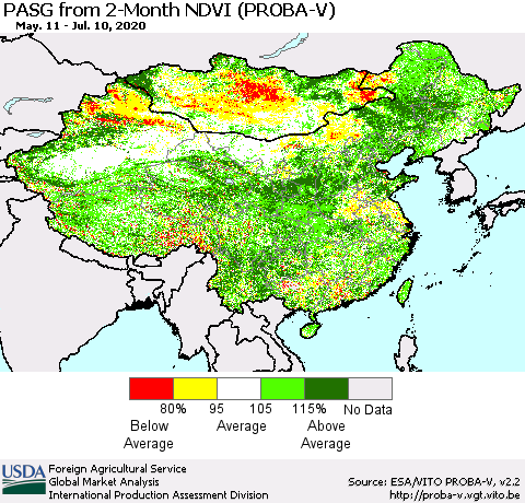 China, Mongolia and Taiwan PASG from 2-Month NDVI (PROBA-V) Thematic Map For 7/1/2020 - 7/10/2020