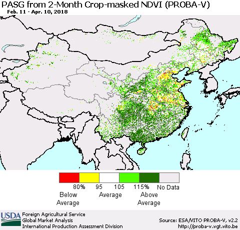 China, Mongolia and Taiwan PASG from 2-Month Crop-masked NDVI (PROBA-V) Thematic Map For 4/1/2018 - 4/10/2018