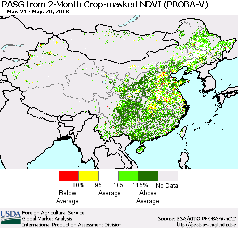 China, Mongolia and Taiwan PASG from 2-Month Crop-masked NDVI (PROBA-V) Thematic Map For 5/11/2018 - 5/20/2018