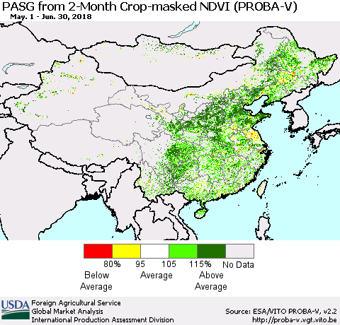 China, Mongolia and Taiwan PASG from 2-Month Crop-masked NDVI (PROBA-V) Thematic Map For 6/21/2018 - 6/30/2018