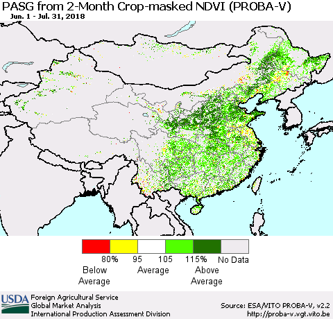 China, Mongolia and Taiwan PASG from 2-Month Crop-masked NDVI (PROBA-V) Thematic Map For 7/21/2018 - 7/31/2018
