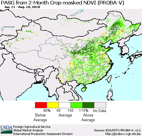 China, Mongolia and Taiwan PASG from 2-Month Crop-masked NDVI (PROBA-V) Thematic Map For 8/1/2018 - 8/10/2018