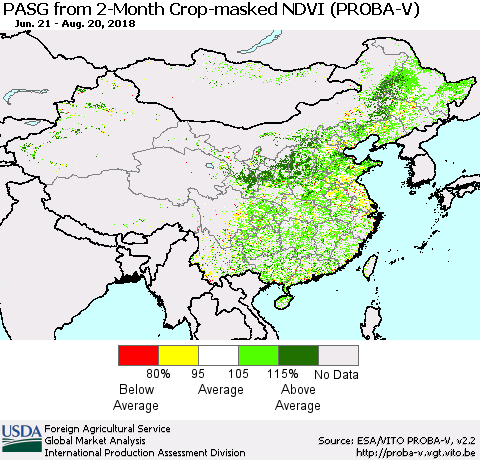 China, Mongolia and Taiwan PASG from 2-Month Crop-masked NDVI (PROBA-V) Thematic Map For 8/11/2018 - 8/20/2018