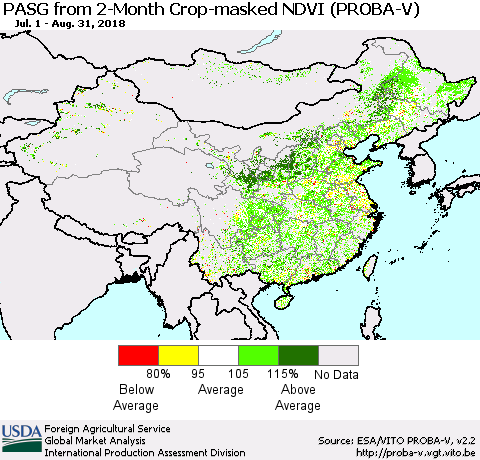 China, Mongolia and Taiwan PASG from 2-Month Crop-masked NDVI (PROBA-V) Thematic Map For 8/21/2018 - 8/31/2018