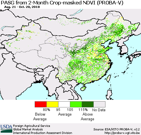 China and Taiwan PASG from 2-Month Crop-masked NDVI (PROBA-V) Thematic Map For 10/11/2018 - 10/20/2018