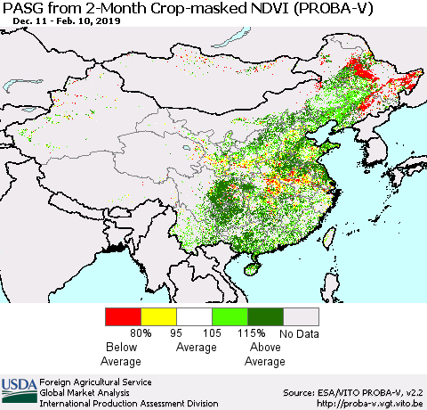 China, Mongolia and Taiwan PASG from 2-Month Crop-masked NDVI (PROBA-V) Thematic Map For 2/1/2019 - 2/10/2019