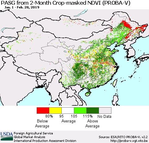 China and Taiwan PASG from 2-Month Crop-masked NDVI (PROBA-V) Thematic Map For 2/21/2019 - 2/28/2019
