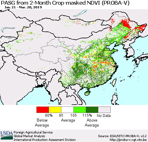 China and Taiwan PASG from 2-Month Crop-masked NDVI (PROBA-V) Thematic Map For 3/11/2019 - 3/20/2019