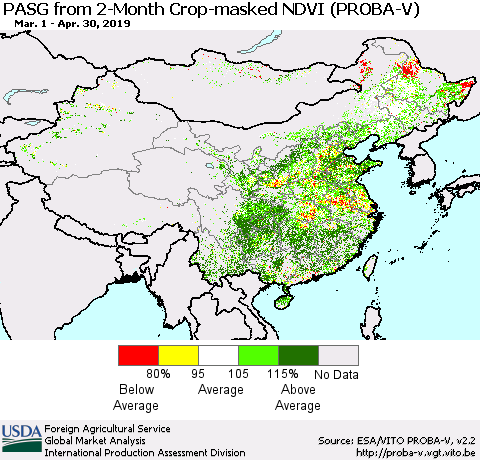 China and Taiwan PASG from 2-Month Crop-masked NDVI (PROBA-V) Thematic Map For 4/21/2019 - 4/30/2019