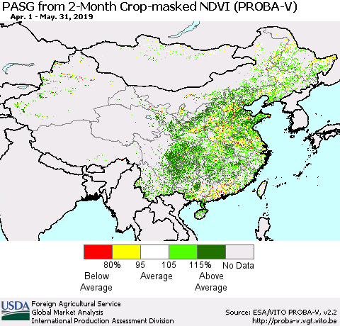 China and Taiwan PASG from 2-Month Crop-masked NDVI (PROBA-V) Thematic Map For 5/21/2019 - 5/31/2019