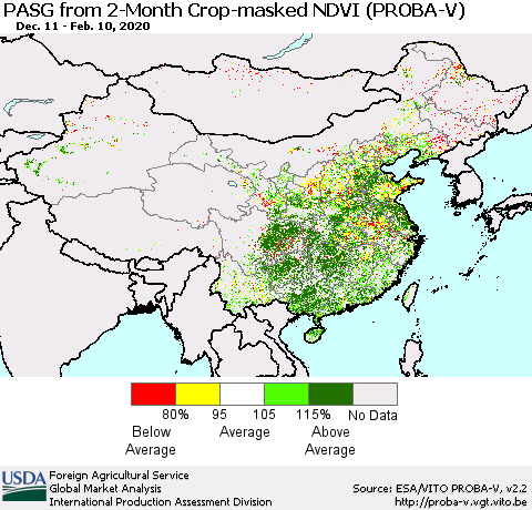 China, Mongolia and Taiwan PASG from 2-Month Crop-masked NDVI (PROBA-V) Thematic Map For 2/1/2020 - 2/10/2020
