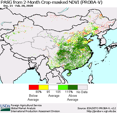 China, Mongolia and Taiwan PASG from 2-Month Crop-masked NDVI (PROBA-V) Thematic Map For 2/11/2020 - 2/20/2020
