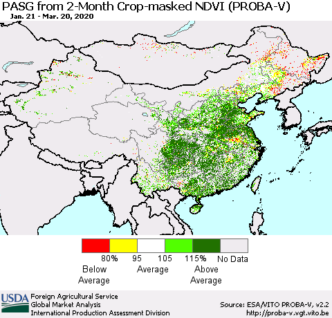 China, Mongolia and Taiwan PASG from 2-Month Crop-masked NDVI (PROBA-V) Thematic Map For 3/11/2020 - 3/20/2020