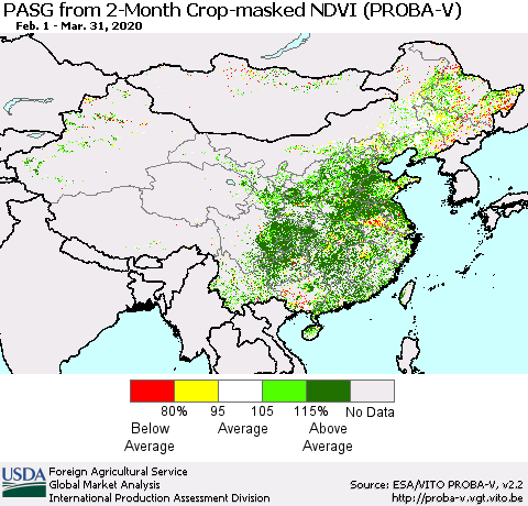 China, Mongolia and Taiwan PASG from 2-Month Crop-masked NDVI (PROBA-V) Thematic Map For 3/21/2020 - 3/31/2020