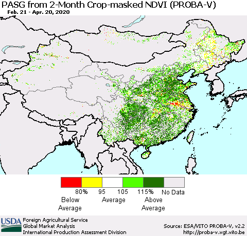 China, Mongolia and Taiwan PASG from 2-Month Crop-masked NDVI (PROBA-V) Thematic Map For 4/11/2020 - 4/20/2020