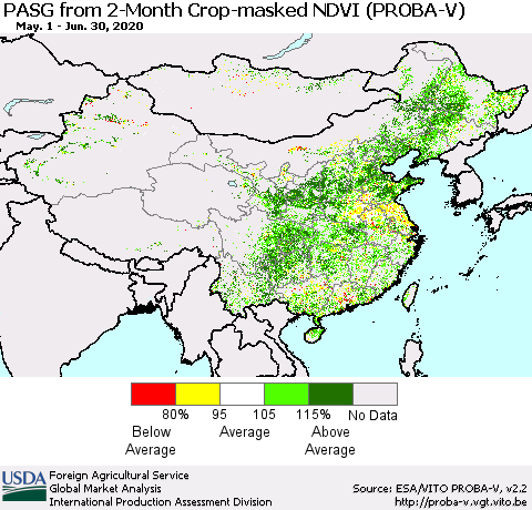 China, Mongolia and Taiwan PASG from 2-Month Crop-masked NDVI (PROBA-V) Thematic Map For 6/21/2020 - 6/30/2020