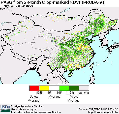 China, Mongolia and Taiwan PASG from 2-Month Crop-masked NDVI (PROBA-V) Thematic Map For 7/1/2020 - 7/10/2020