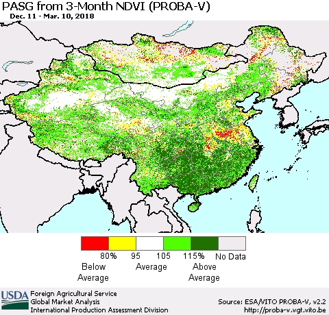 China, Mongolia and Taiwan PASG from 3-Month NDVI (PROBA-V) Thematic Map For 3/1/2018 - 3/10/2018