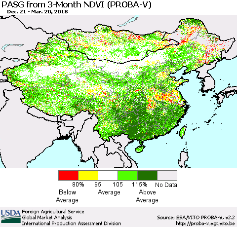 China, Mongolia and Taiwan PASG from 3-Month NDVI (PROBA-V) Thematic Map For 3/11/2018 - 3/20/2018