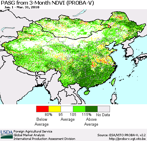 China, Mongolia and Taiwan PASG from 3-Month NDVI (PROBA-V) Thematic Map For 3/21/2018 - 3/31/2018