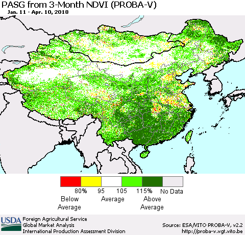 China, Mongolia and Taiwan PASG from 3-Month NDVI (PROBA-V) Thematic Map For 4/1/2018 - 4/10/2018