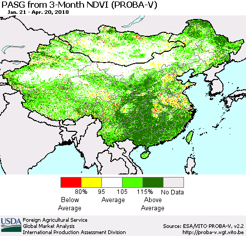 China, Mongolia and Taiwan PASG from 3-Month NDVI (PROBA-V) Thematic Map For 4/11/2018 - 4/20/2018