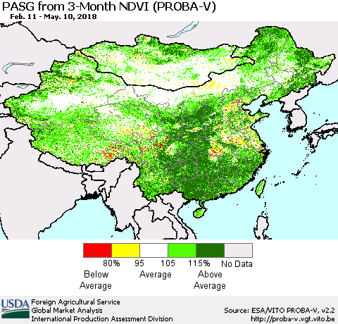 China, Mongolia and Taiwan PASG from 3-Month NDVI (PROBA-V) Thematic Map For 5/1/2018 - 5/10/2018